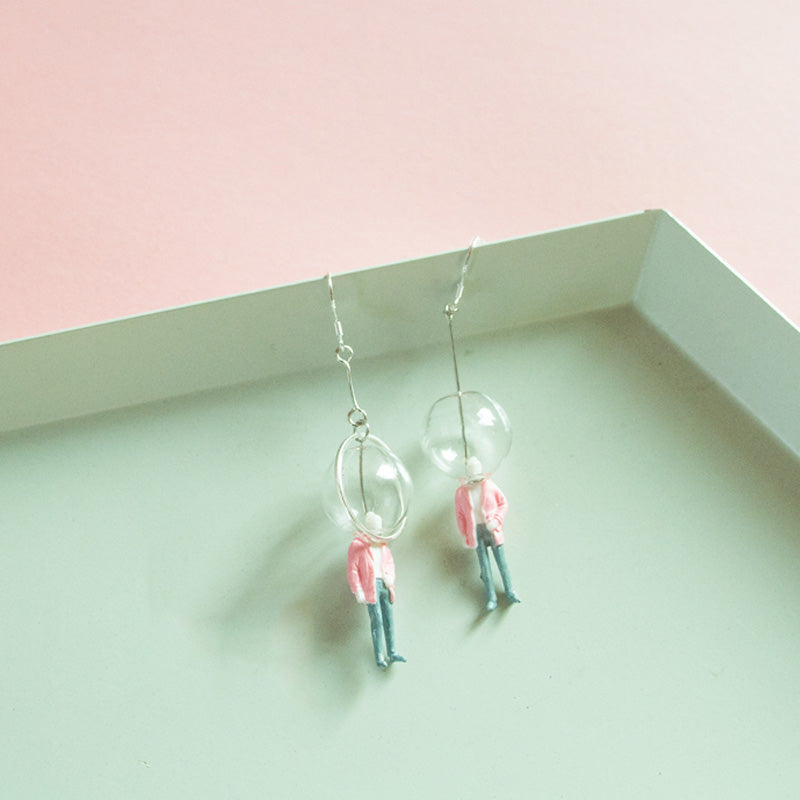 Glass Ball Figure in Pink Suit Drop Earrings - AHED Project