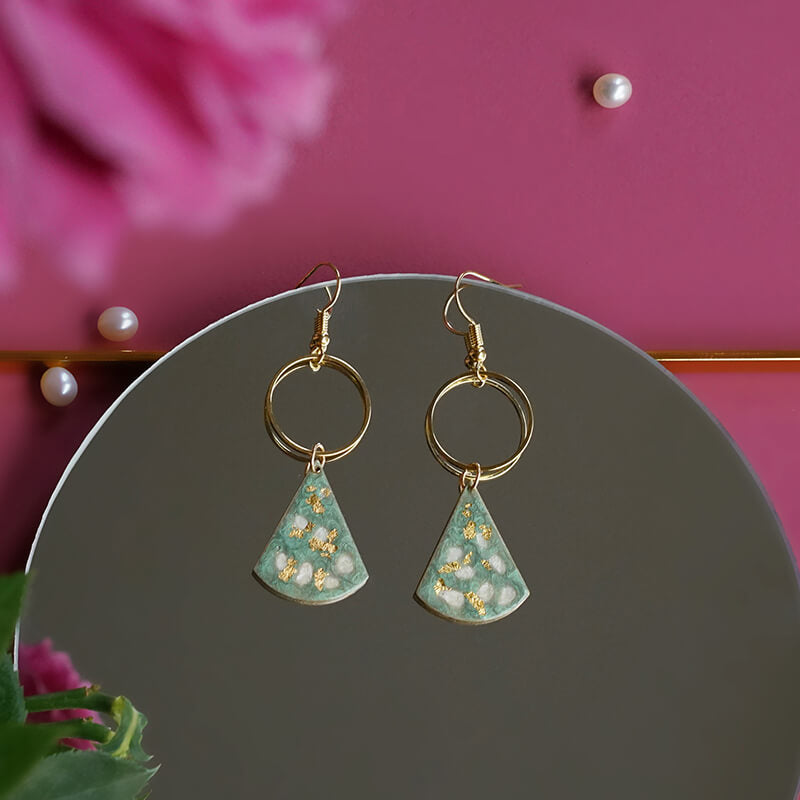 Painted Layering Tea Green & Inlaid Gold Pearl Drop Hoop Earrings (Quick to ship) - AHED Project