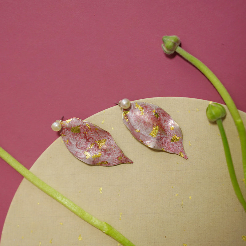 Delicate Hand-Painted Pink & Gold Peach Leaf Stud Earrings - AHED Project