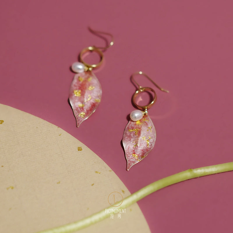 Hand-Painted Pink & Gold Peach Leaf Drop Pearl Earrings - AHED Project