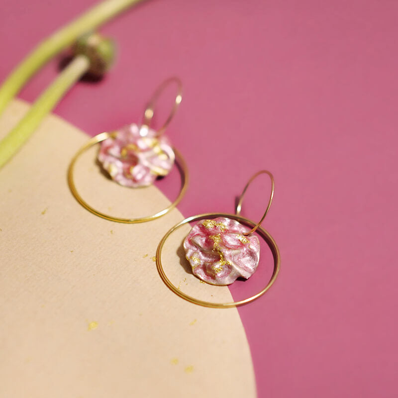 Hand-Painted Pink & Gold Peach Leaf Double Hoop Earrings - AHED Project