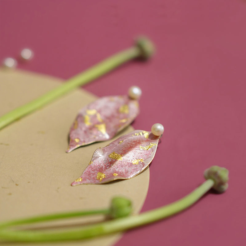 Delicate Hand-Painted Pink & Gold Peach Leaf Stud Earrings - AHED Project