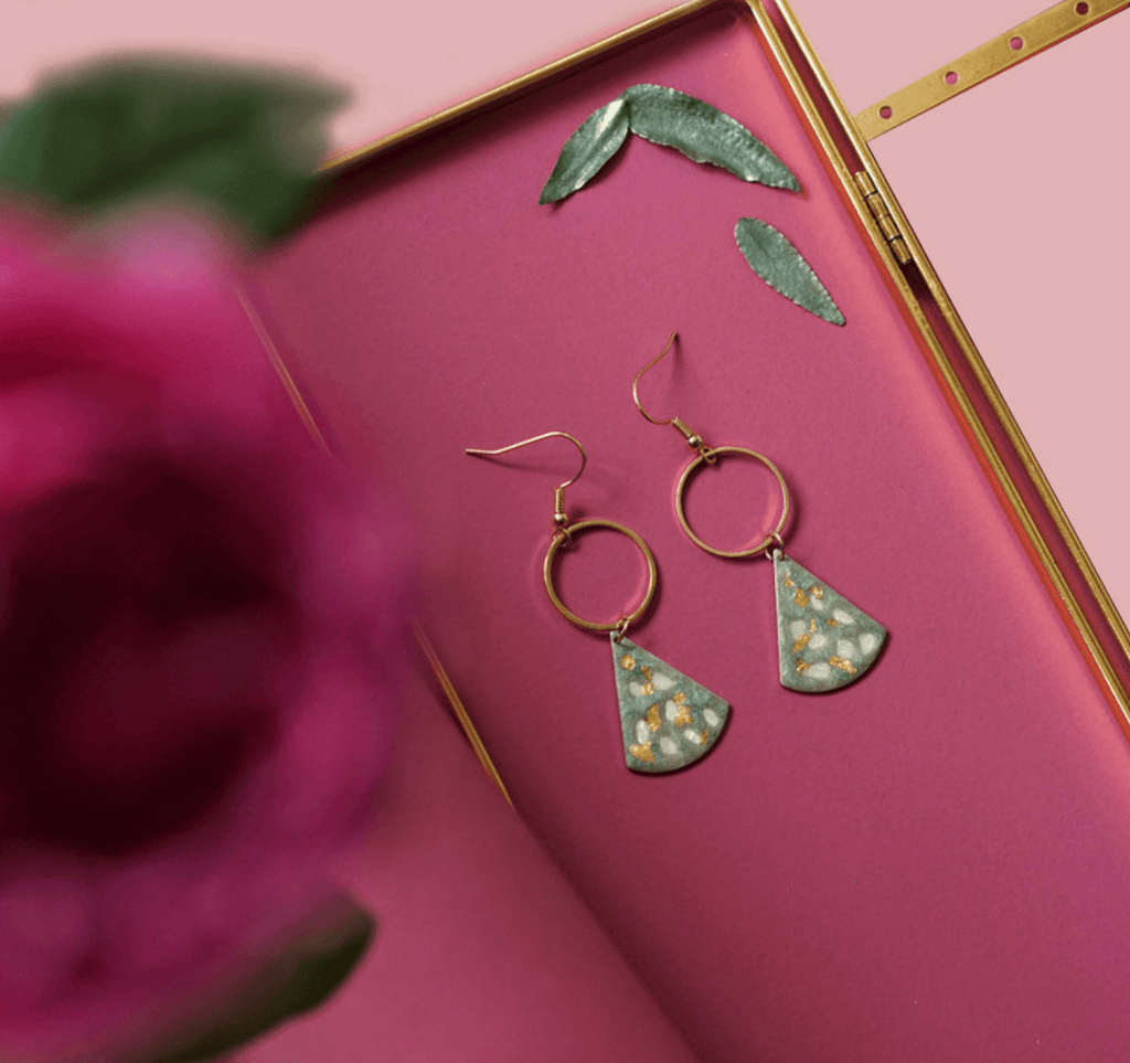 Painted Layering Tea Green & Inlaid Gold Pearl Drop Hoop Earrings (Quick to ship) - AHED Project
