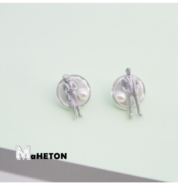 Couple In Grey Figurine Disc Stud Earrings - AHED Project