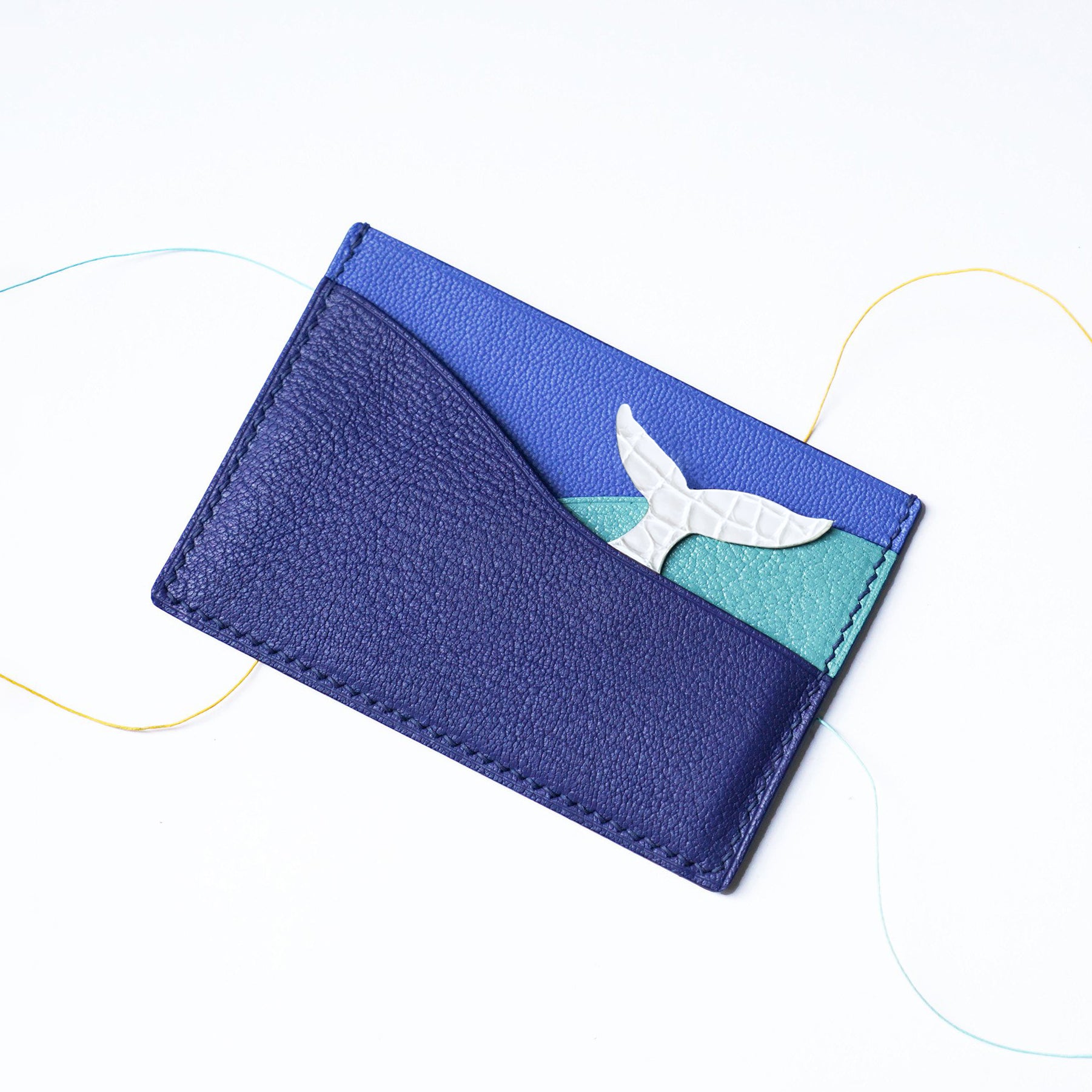 Handcrafted Whale Design Leather Card Holder - Blue